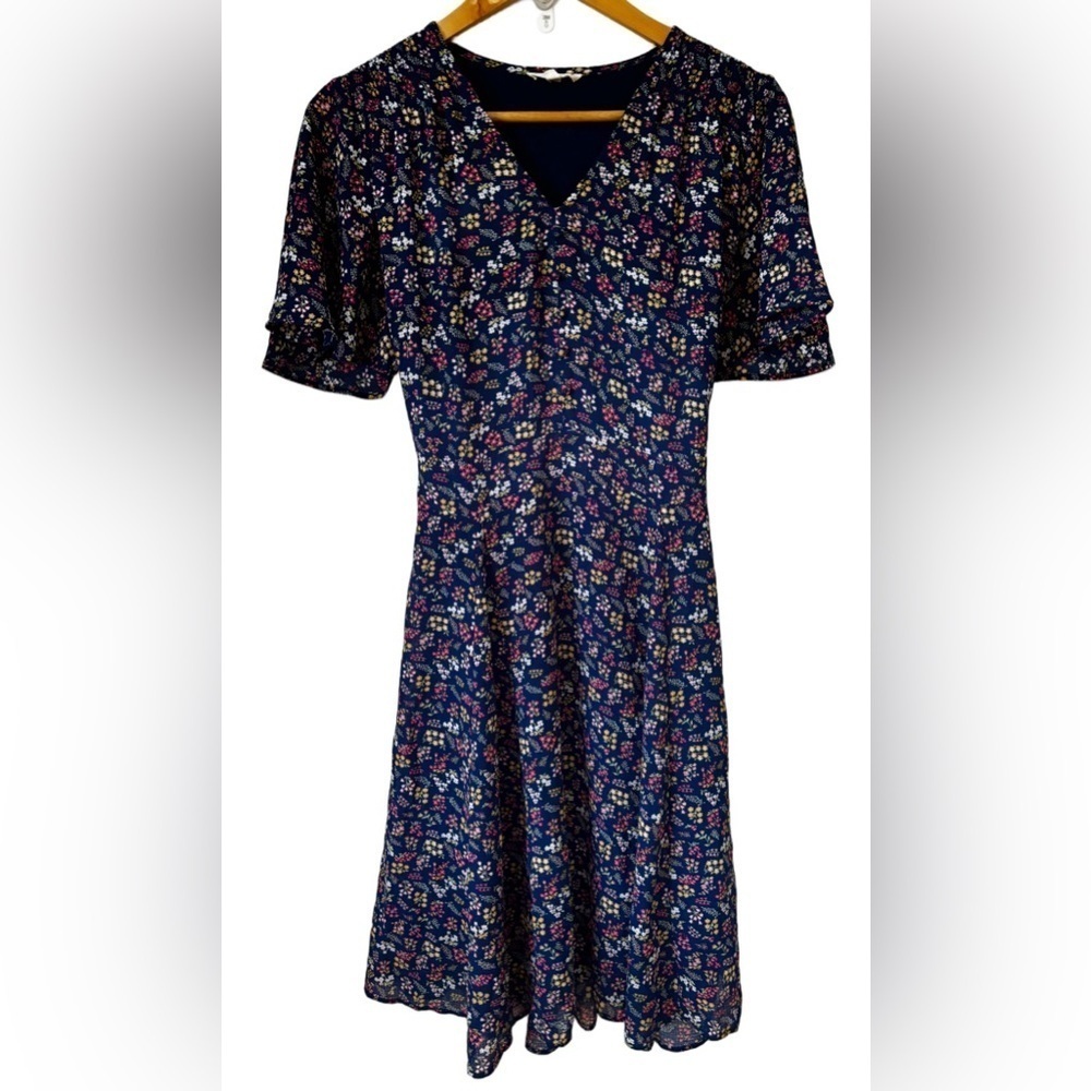 Jane & Delancey Y2K babydoll flutter slv nvy ditsy flrl bk drss SZ S romantic